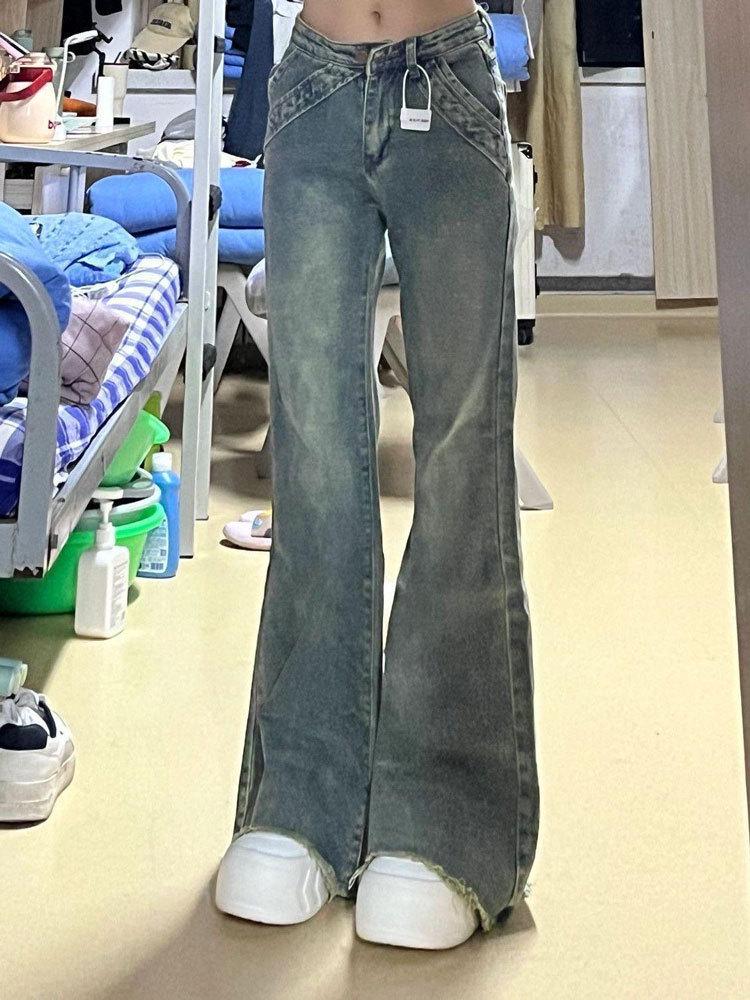 Damskie dżinsy rozszerzane w stylu koreańskim z nutą nostalgii 2025 - Modne dżinsy denimowe do ziemi z mikro rozszerzeniem