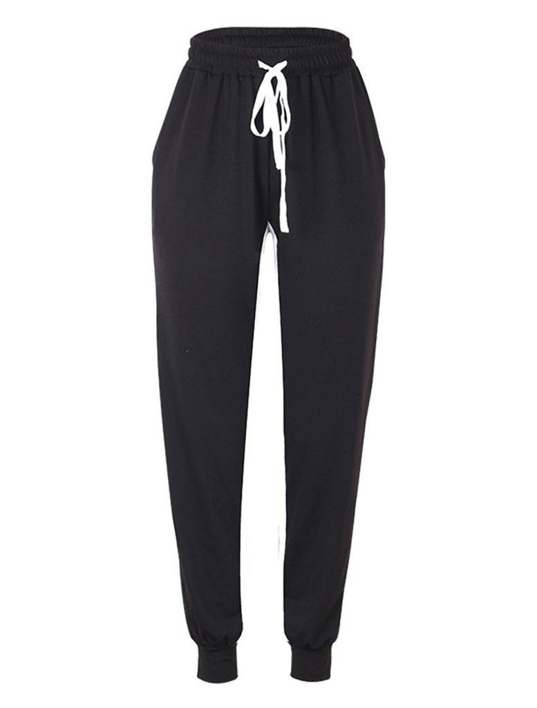 Women's Splicing Casual Tie Foot Elastic Waist String Side Pocket Pencil Pants