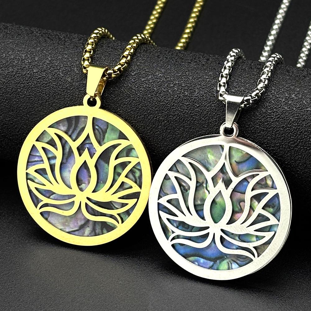 Yoga Lotusblume Imitation Abalone-Schale Edelstahl Anhänger Halskette Damen Herren Spirituelles Buddhistisches Symbol Kette Schmuck