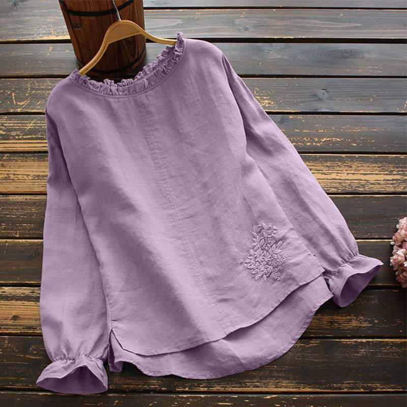 Fashion Embroidered Shirt for Women's Autumn Casual Round Neck Long Sleeved Ruffled Women's Blouses & Shirts Top