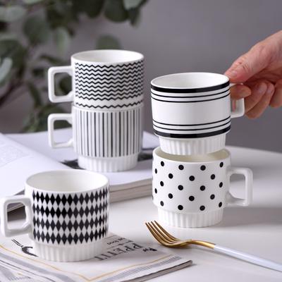 1PCS Nordic Simple Style Black And White Ceramic Mug Creative Polka Dot Striped Coffee Tea Cup Stackable Office Water Cup