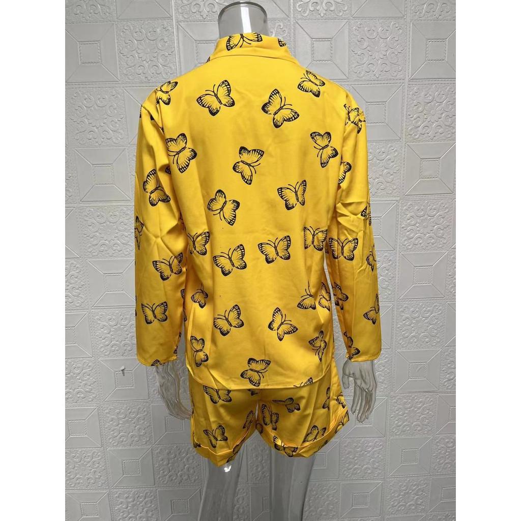 Women's sets summer long-sleeved lapel printed zipper shirt shorts clothes sale