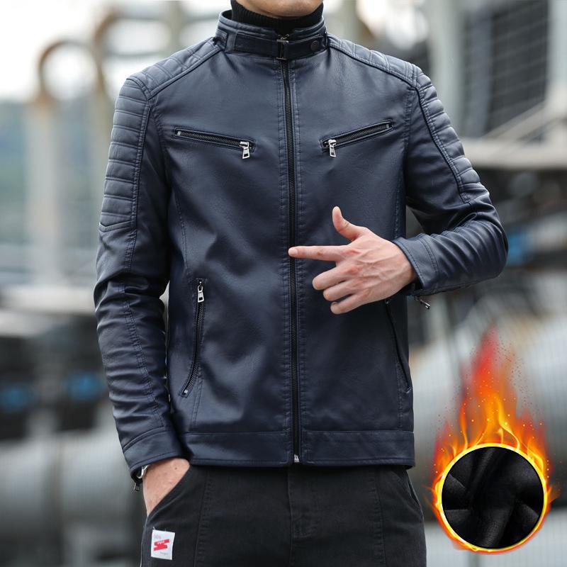 Autumn and Winter Stand-up Collar Men's Leather Jacket, Locomotive Velvet Thermal PU Leather Jacket, Leather Jacket Men