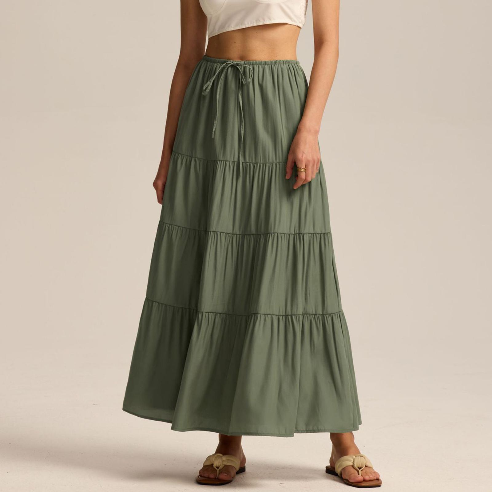 Женская Хлопковая Юбка Высокая Талия Эластичная На Шнуровке Большая Расклешенная Юбка Свободная Строчка Длинная Юбка S