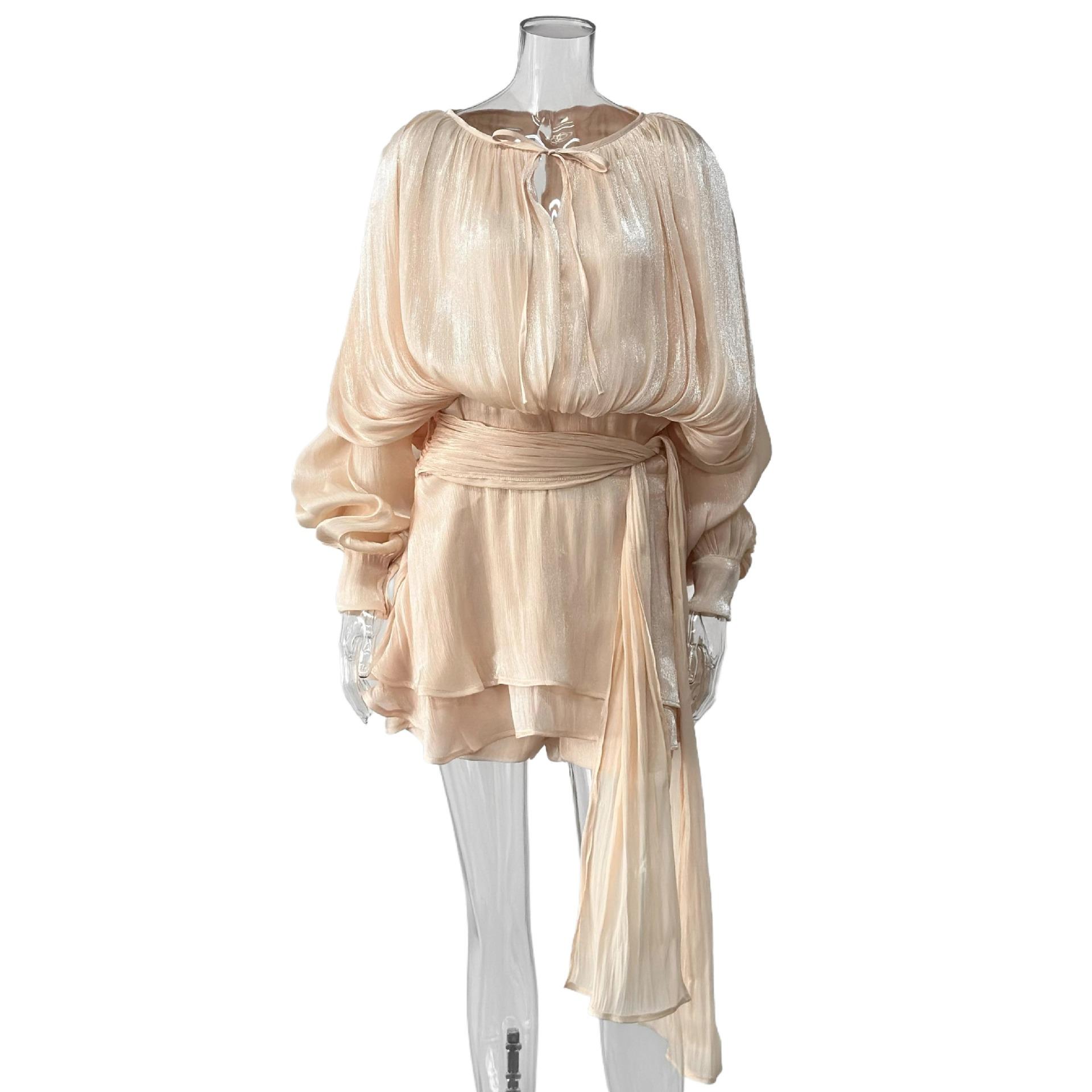 

Autumn French European and American puff sleeves, ruffled pleated design, elegant short dress for women L абрикосовий
