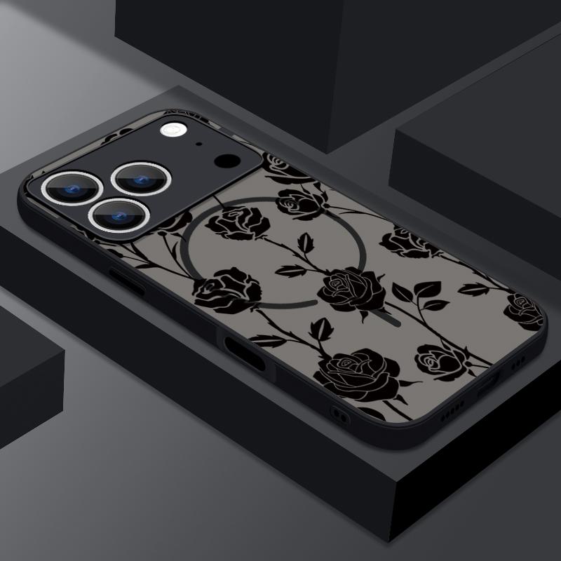 Retro Flowers Black Rose Print Case For iPhone 17 18 Pro Max Magnetic For Magsafe Slim Hybrid Matte Cover For iPhone 16 15 14 13 Pro Max 17E