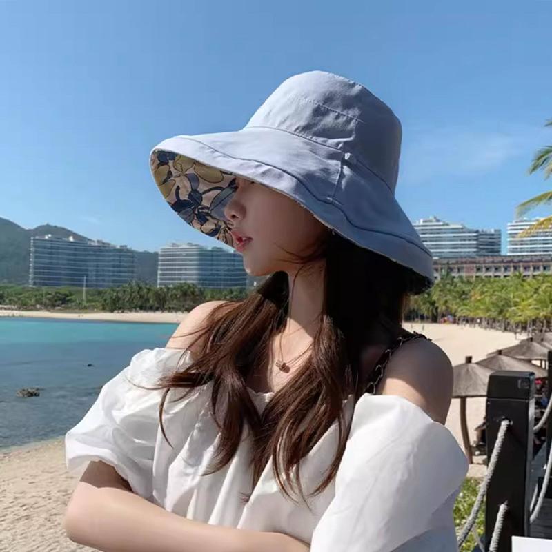 Double-Sided Bucket Hat For Women Vacation Style Flower Print Wide Brim Fisherman Hats Sun Hat