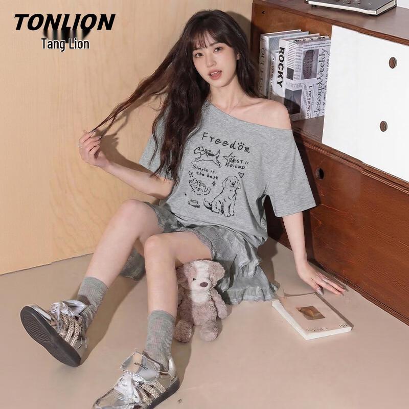 TonLion Women s One-Shoulder Graffiti Cat Dog Print Short Sleeve T-Shirt M