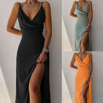 Women's Fashion Sexy Casual  Deep V Split Midi Long Hem Dress