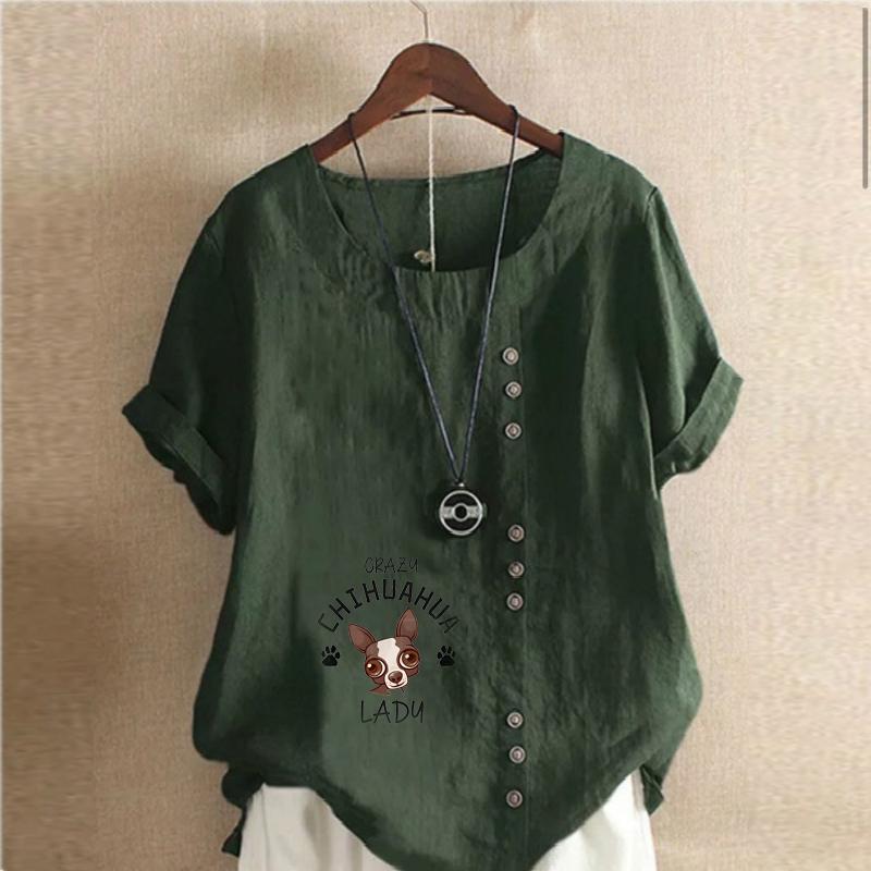 Women's Fashion Round Neck Short Sleeve T-shirt Casual Cotton Linen Graphic Shirt Leisure Loose Dog Prined Summer Blouse Tops