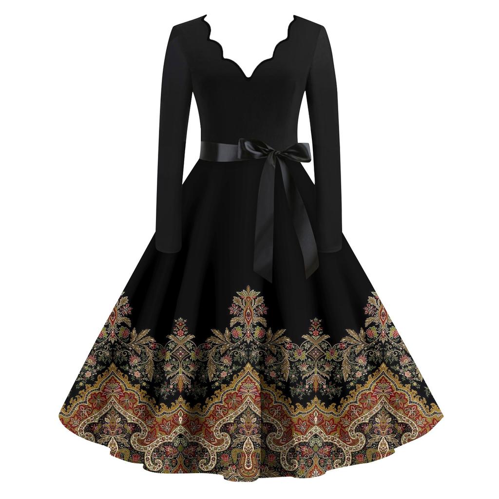 Women's Casual Fashion Long Sleeve Retro Graphic Printed Vintage Long Dresses