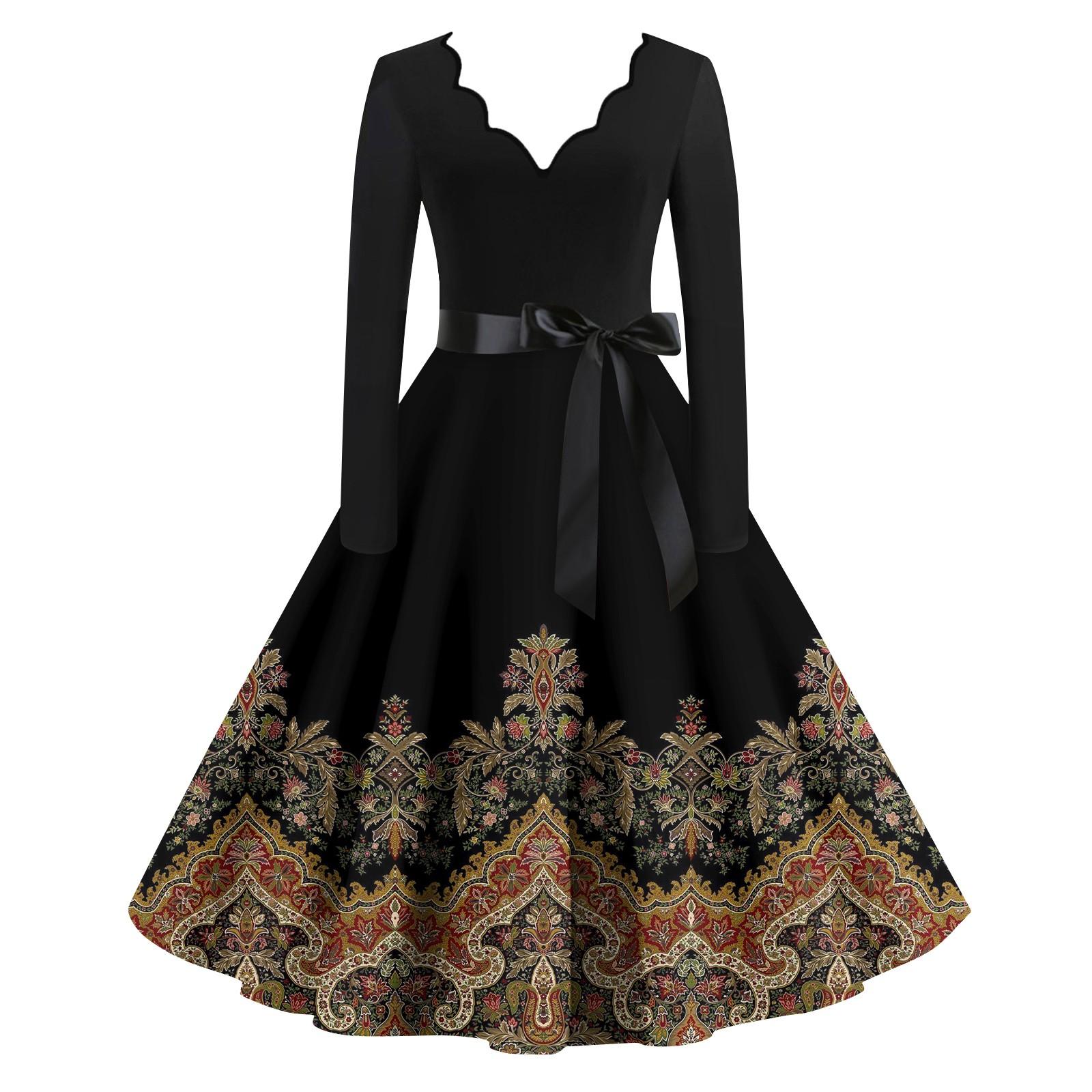 Women s Casual Fashion Long Sleeve Retro Graphic Printed Vintage Long Dresses S чёрный