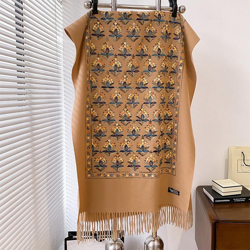 Winter Warm Cashmere Scarf for Women Floral Embroidery Pashmina Blanket Thick Shawl Wrap Neckerchief Elegant Poncho Bufanda