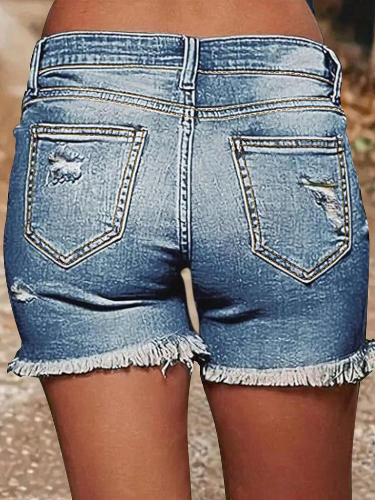 2026 Plus Size Mid-Waist Stretch Ripped Raw Hem Denim Shorts