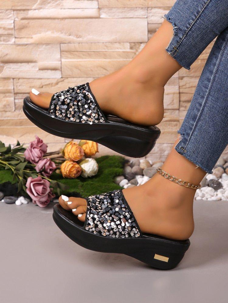 

Босоножки женские летние модные на толстой подошве на танкетке, женские универсальные шлепанцы с открытым носком, крутая обувь 43 серебряный