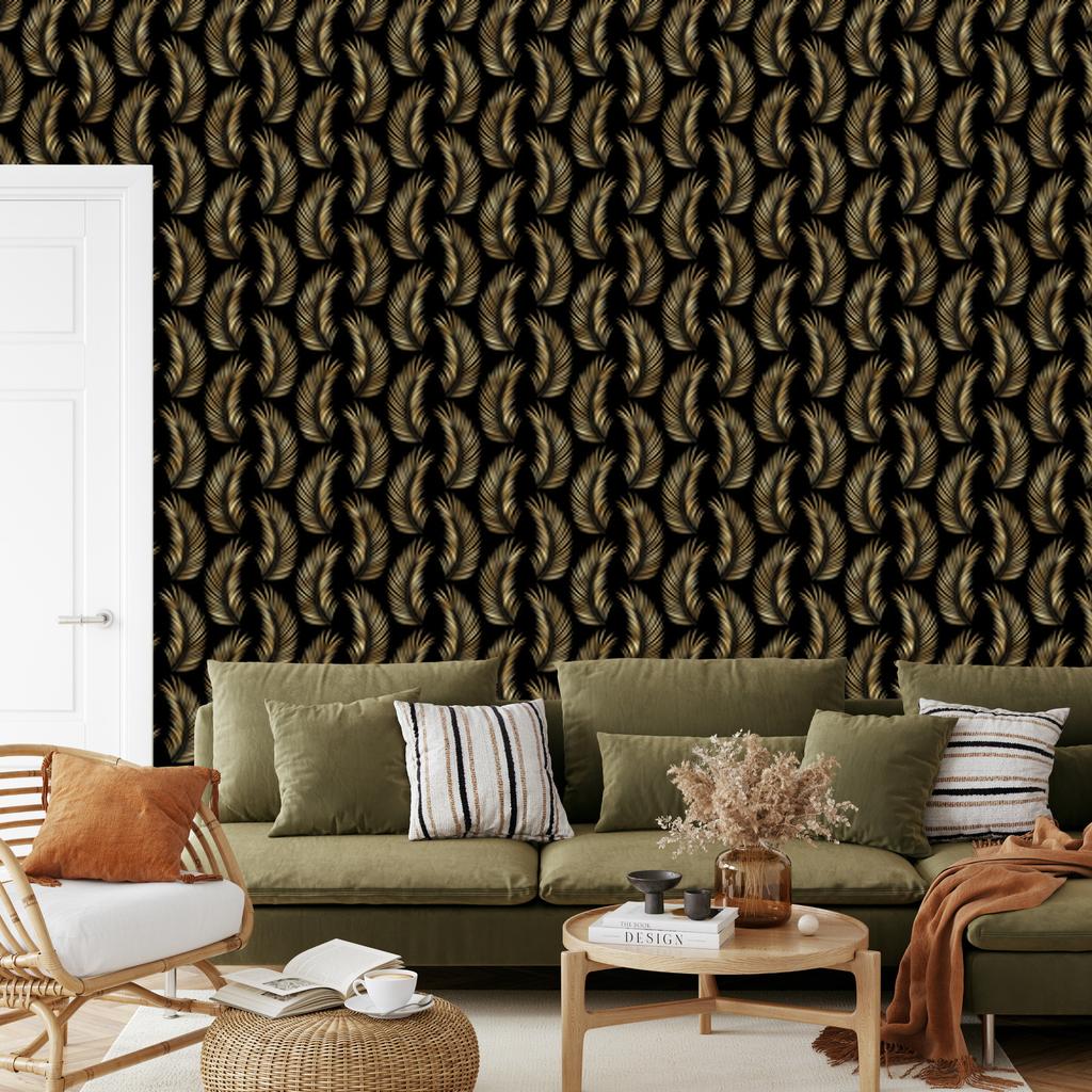 Wallpaper Black and Gold Tropical Pattern Ochre Background, Ochre Center 50x1000