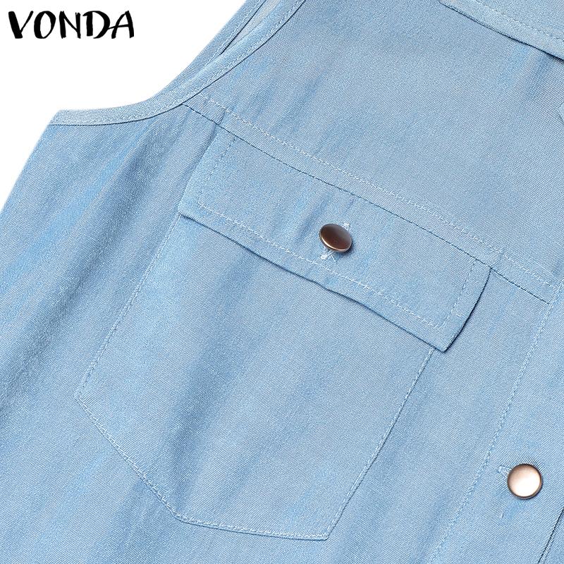 VONDA Women Summer Lapel Neck Sleeveless Buttons Elastic Waist Casual Jumpsuits Rompers
