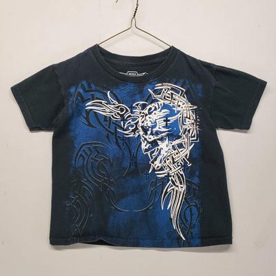 MMA Elite Jungen Kinder Klein 6/7 T-Shirt Blau Schwarz Grafik Totenkopf Tribal VTG