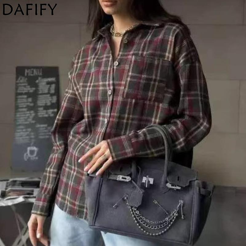 DAFIFY  Women's Fashion Casual Spring Autumn Plaid Print Long Sleeve POLO Neck Blouses & Shirts