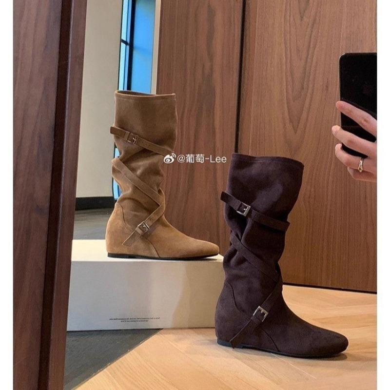 Retro Belt Buckle Medium Boots Women's Autumn and Winter New Thin and Versatile Western Cowboy Boots Inner Height Increase Martin Boots