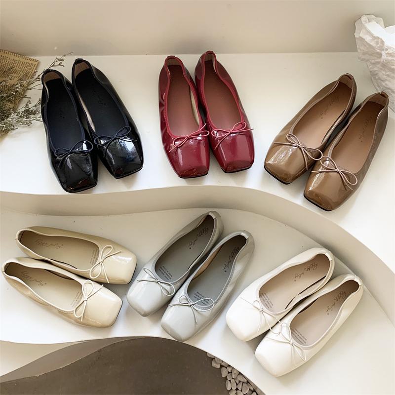 Fashion Japanned Square Toe Bowtie Ballets Shoes Ladies Soft Roll-Up Flats Loafers Barefoot Mocassines Woman Slip On Office Dress Shoes