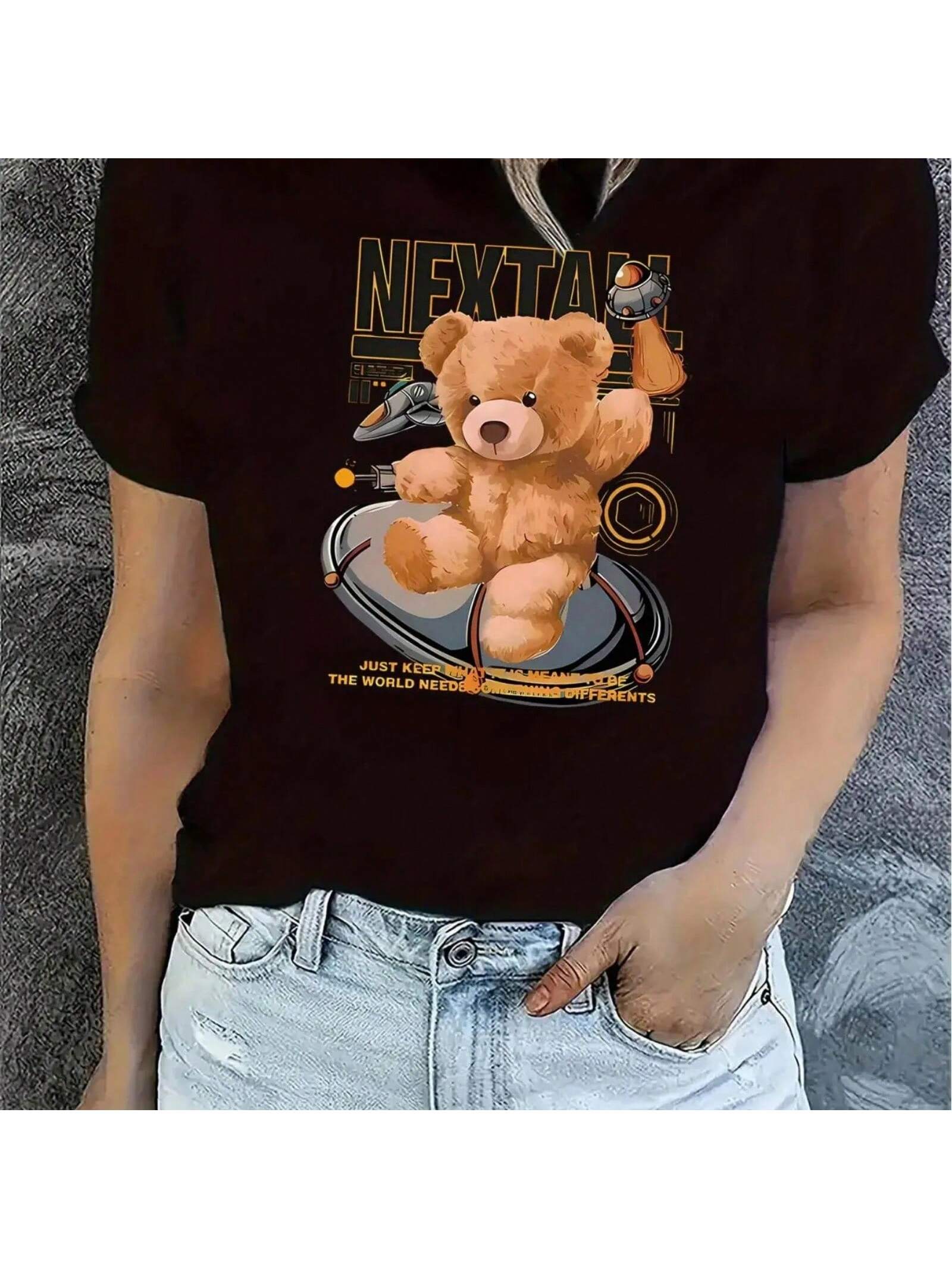 S Casual Crew Neck T-Shirt With Creative Bear Print, Fashionable Short Sleeve Top, Medium Stretch 95% Spandex 5%, All-Seas S разноцветный