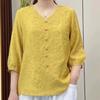 Vintage Embroidery Cotton Linen V-neck Mid Sleeve Casual Fashionable Loose Fit Women's Clothing Summer High End