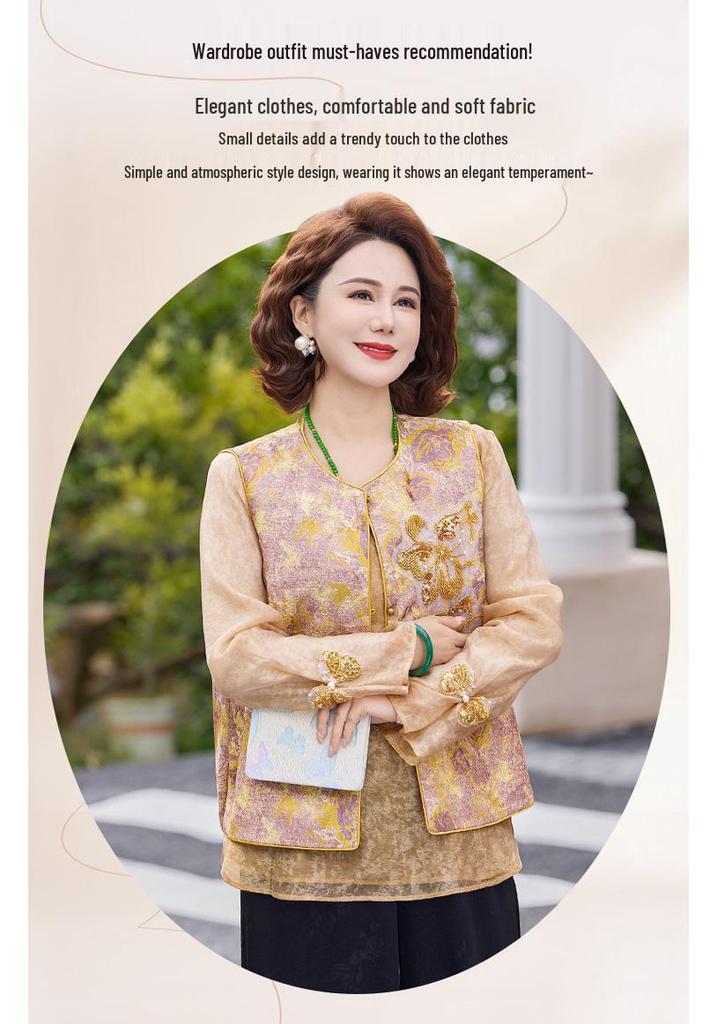 2026 Chinese-Style Embroidered Vest for Middle-Aged & Elderly Women - Elegant, Fashionable Two-Piece Set for Mom