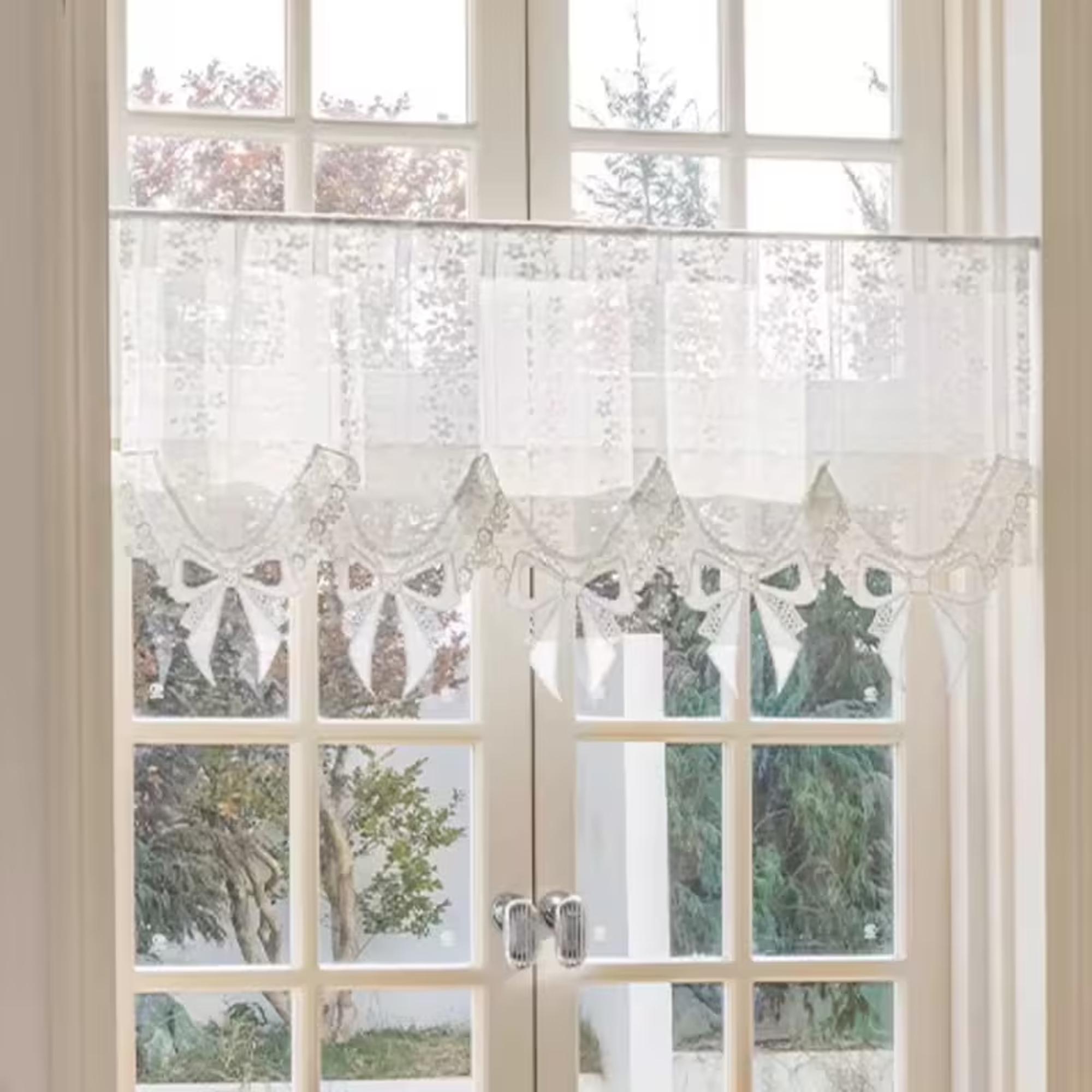 Moderne Romantische Witte Bloemen Geweven Korte Raamband Gordijnroede Zak voor Keuken Woonkamer Slaapkamer Raam Woondecoratie 1pcW140xL85cm wit