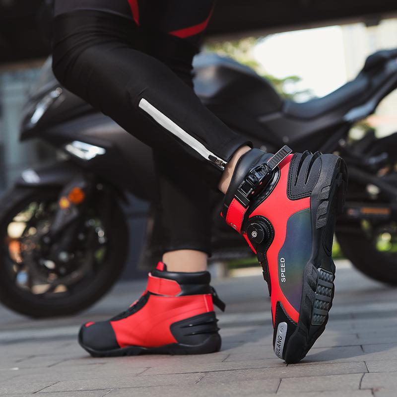 Unisex Leather Motorcycle Boots Large Size Rotation Button Anti Slip Anti Collision Riding Shoes