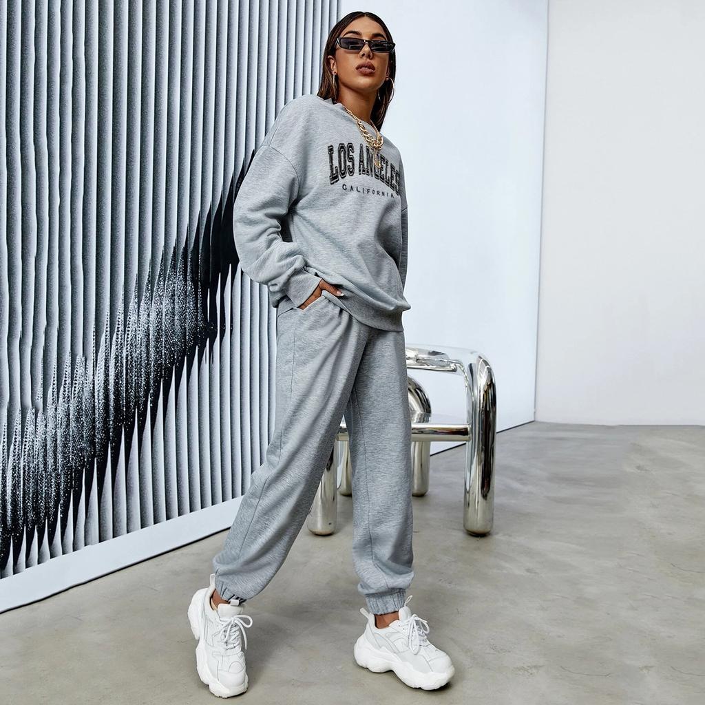 Mode Lässig Große Damen Zweiteilige Frühling Einfarbig Druck Set