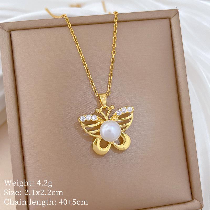 

Titanium Steel, Empty Butterfly Pearl Light Luxury Temperament Gorgeous Full Diamond Necklace Women S Versatile Collarbone Chain Titanium Steel Chain