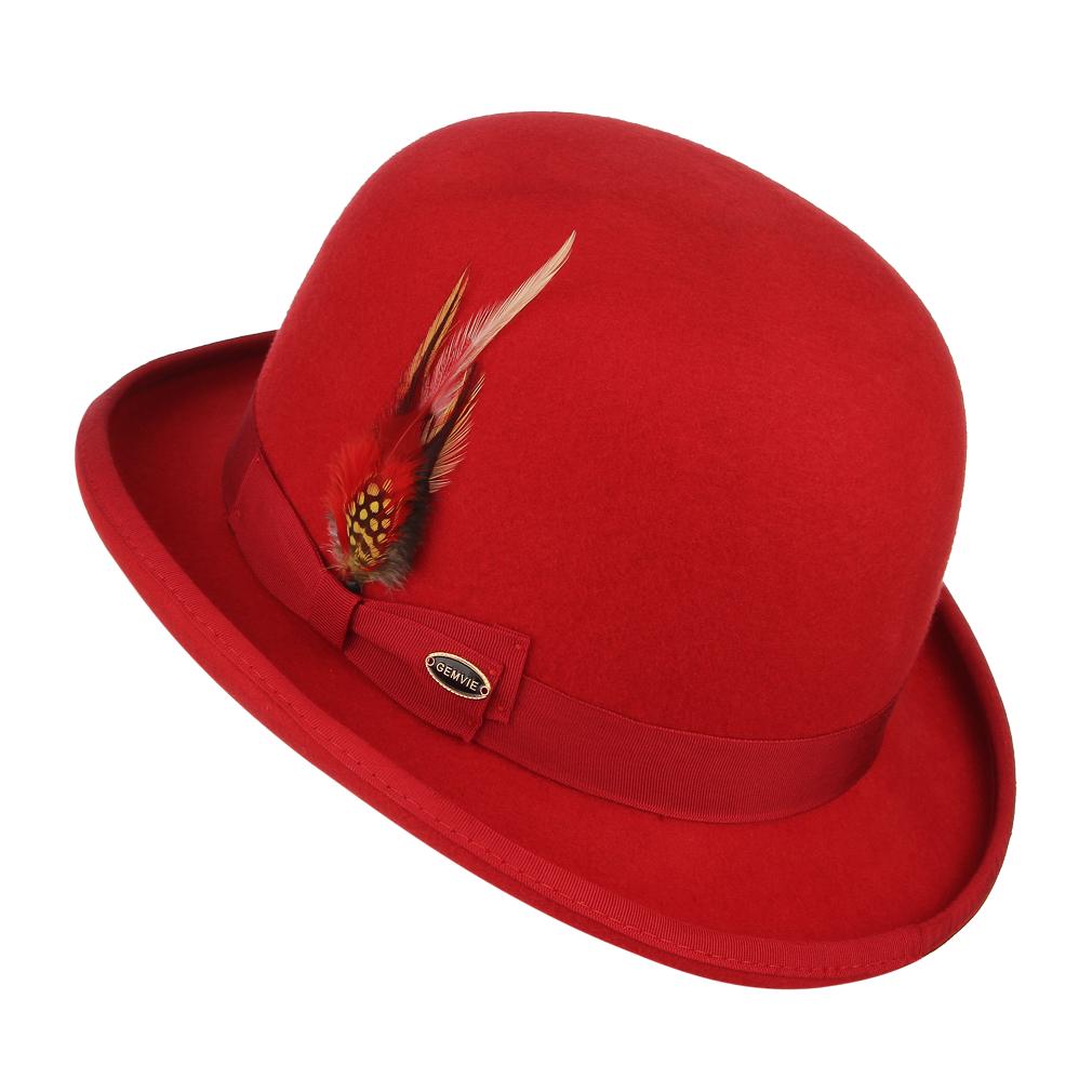 Wool Dome Cap Bowler Hat Feather Decor 