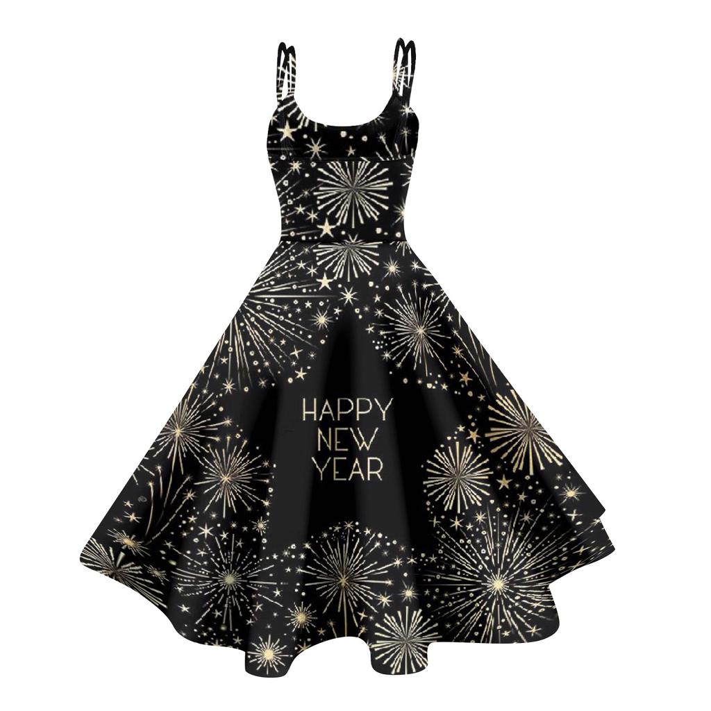Dámské Novoroční Tištěné Ležérní Módní Midi Šaty s Kulatým Výstřihem