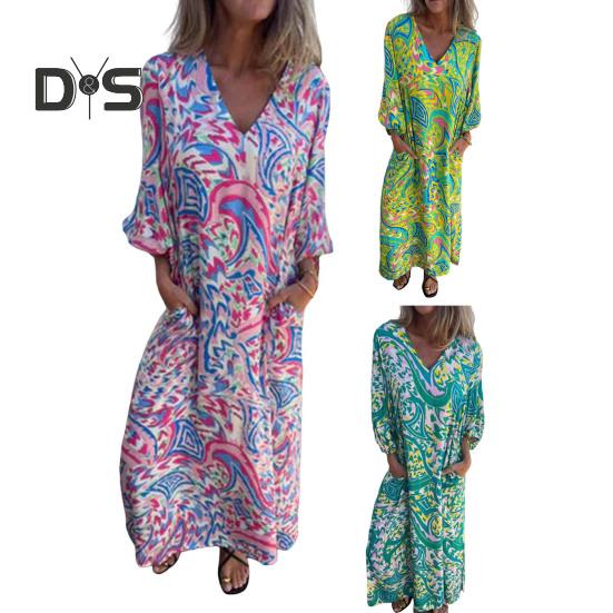 Bedrucktes Maxikleid für Damen, Frühling/Sommer, V-Ausschnitt, Boho-Urlaubskleid, lange Ärmel, lockeres Kleid mit Taschen für den Alltag, Partys, Strand