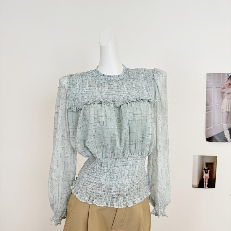

Qianyu Women s Versatile Green Chiffon Long Sleeve Slimming Top Small