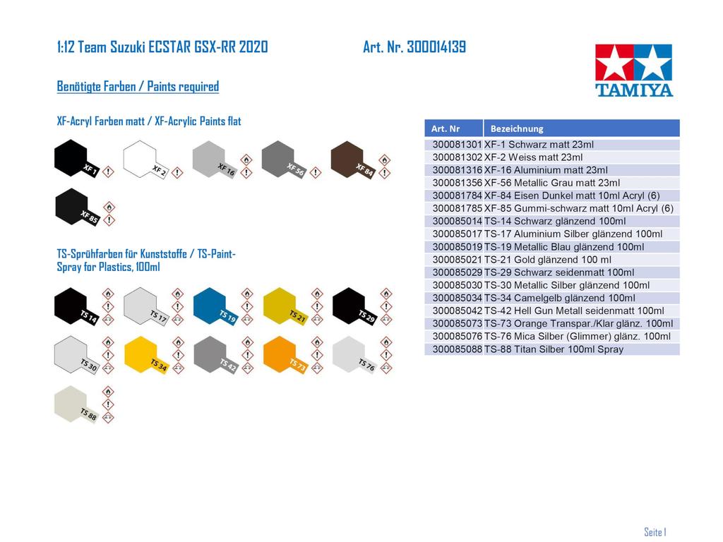 Tamiya Motorcycle Series Team Suzuki Ecstar Plastic Model 14139 1/12 No.139 GSX-RR '20