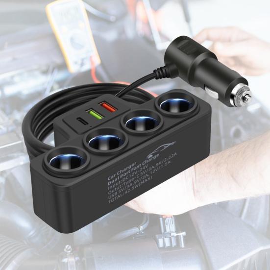 Car Charger 3 USB Ports QC3.0 And PD 3.1A 120W 4-Socket Built-in Safety Wire Fast