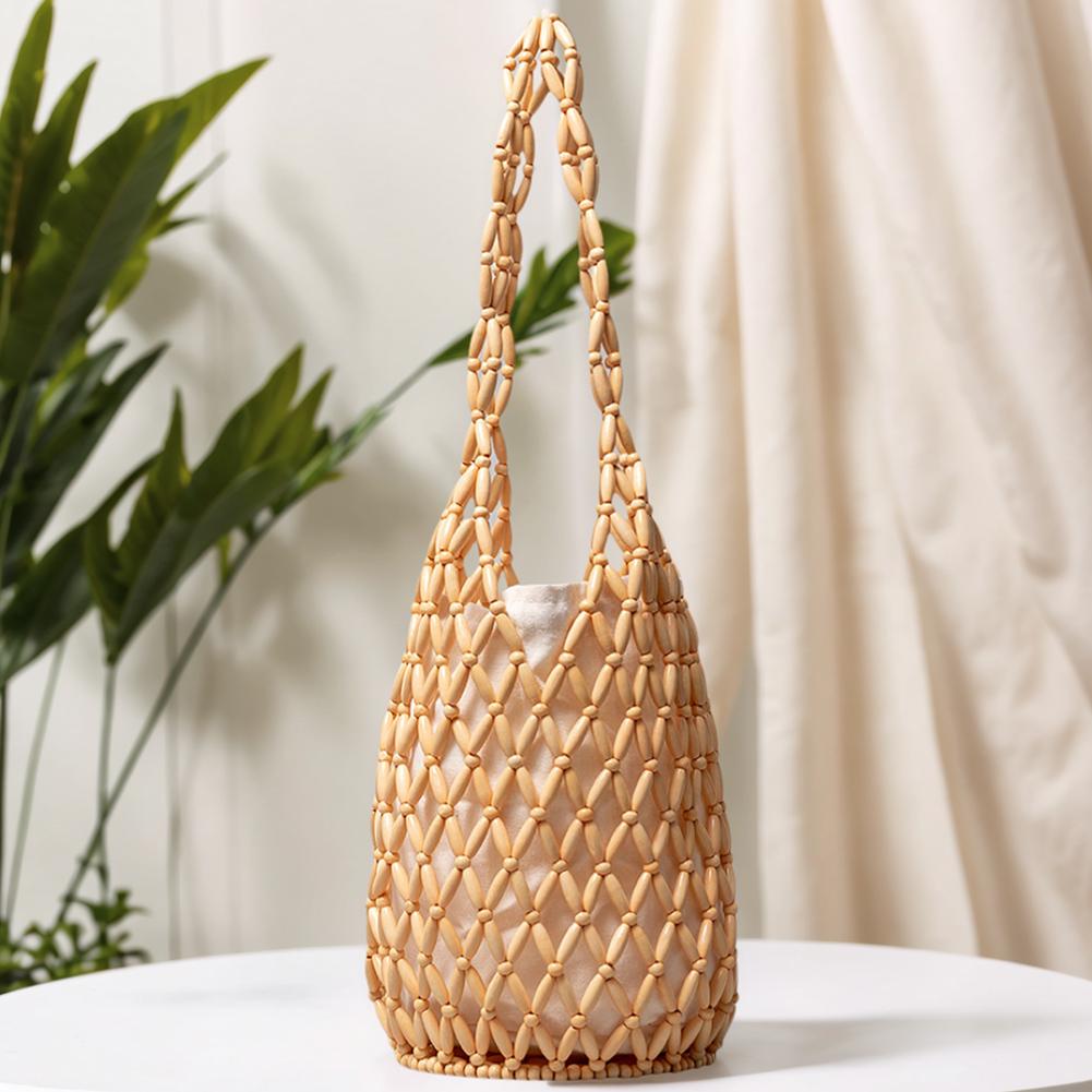 Wooden Bead Woven Hand Bag for Women Hollow-out Tote Bag Bucket Shoulder Bag Handmade Shoulder Bag Casual Summer Beach Handbag