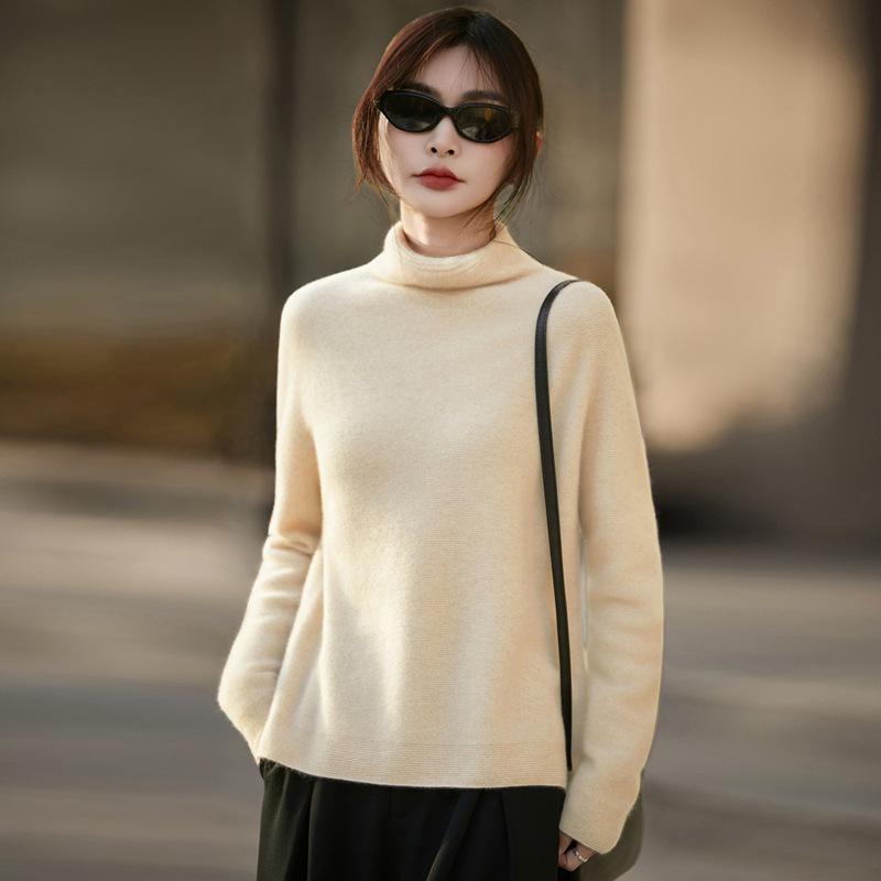 Women's Wool Pile Collar Sweater Base Layer: Solid Color, Long Sleeve, Split Hem - New Autumn/Winter Collection
