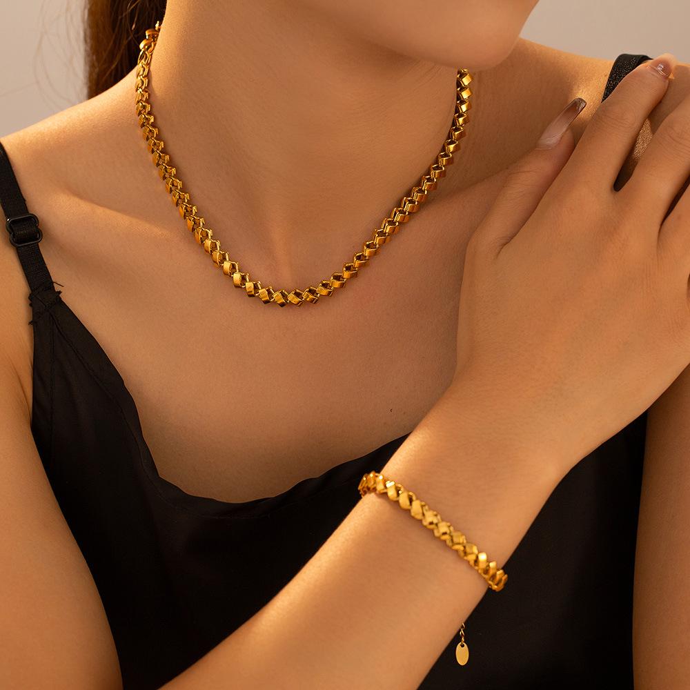 18K Gold Plated Geometric Necklace & Bracelet Set - Copper, Hip Hop Style, Color Retention