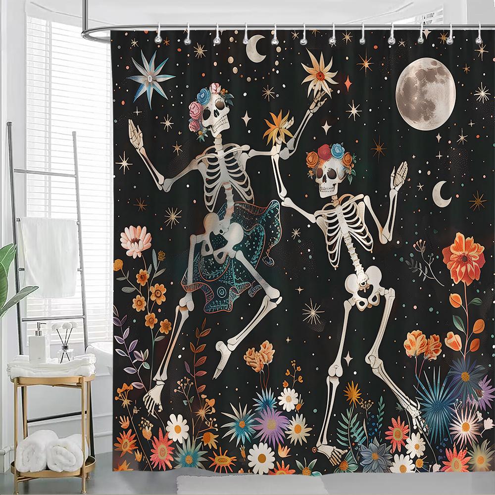 

1pc Festive Dancing Skeletons Shower Curtain - Floral Crown Teal & Red Design with Starry Night & Full Moon, 70.8x70.8in, 90x180cm35x71in