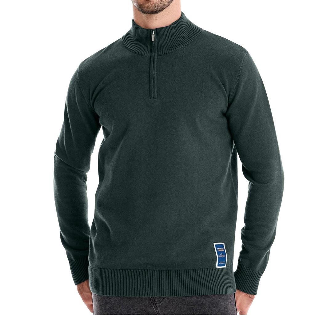 Men's Winter Solid Color Stand Collar Half Zipper Slim Fit Knit Long Sleeve Top