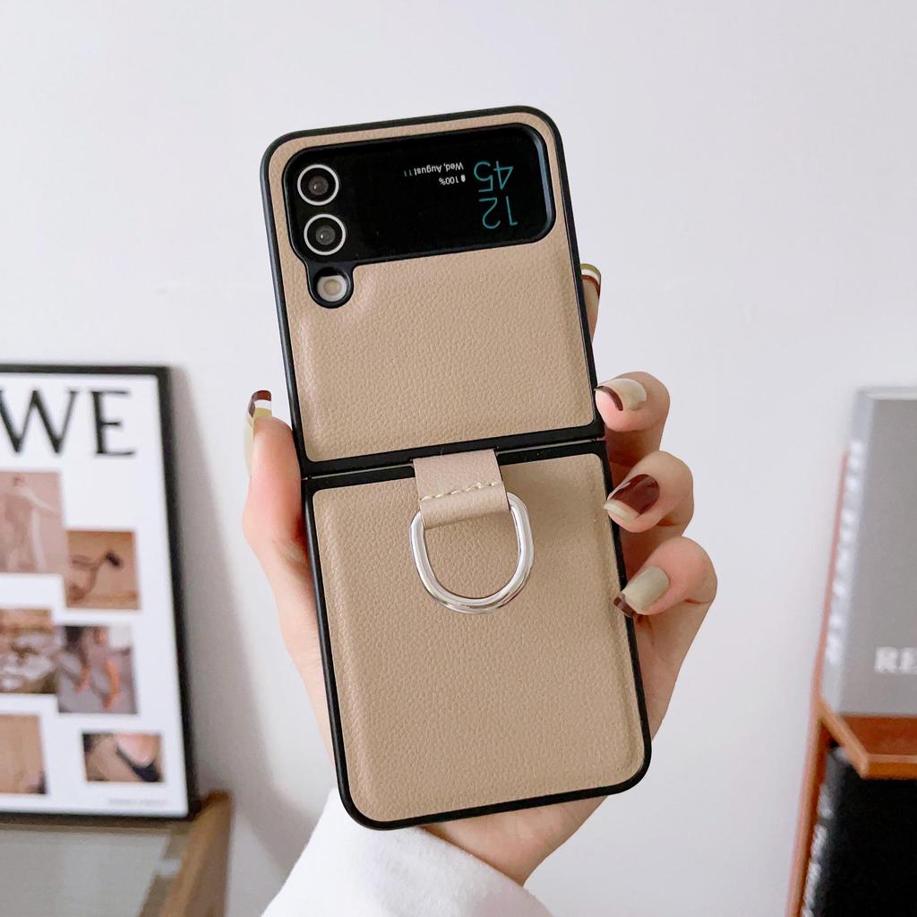 Samsung Z Flip7/6/5 Leather Pattern Ring Case - Drop Protection, Solid Color, Foldable Phone Cover