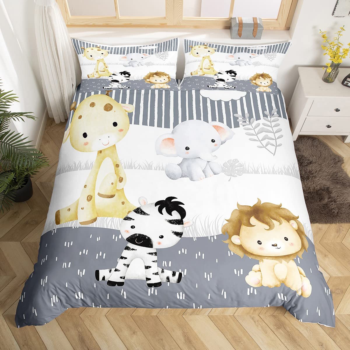 Animals Duvet Cover Queen Kids African Animal Bedding Set Safari Zoo Party Comforter Cover Cartoon Jungle Wildlife Quilt Cover EU Single(135x200cm)