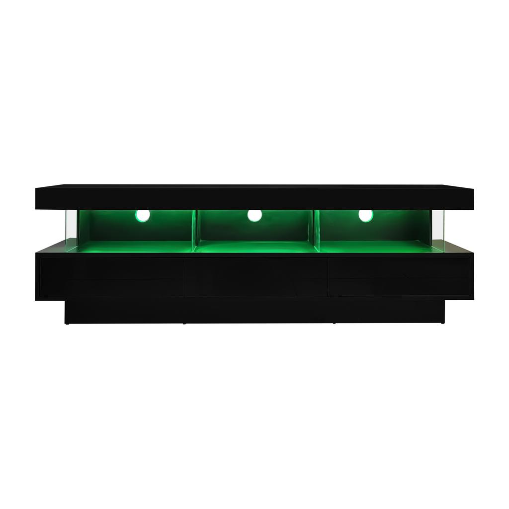 160*38*50.5 cm Black High Gloss TV Stand with 3 Glass Shelves, LED Lighting, App Control, Bluetooth Connectivity for 70-Inch TVs, Smart TV Stand