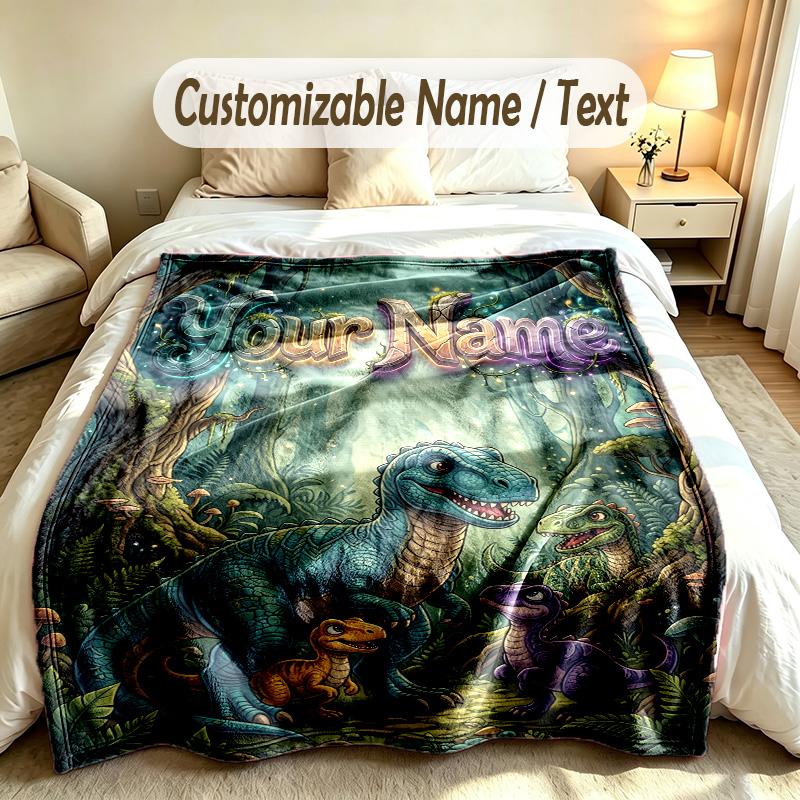 Dinosaur Theme Custom Blanket Personalized Name & Text Customized Soft Warm Throw Blanket Home Decor