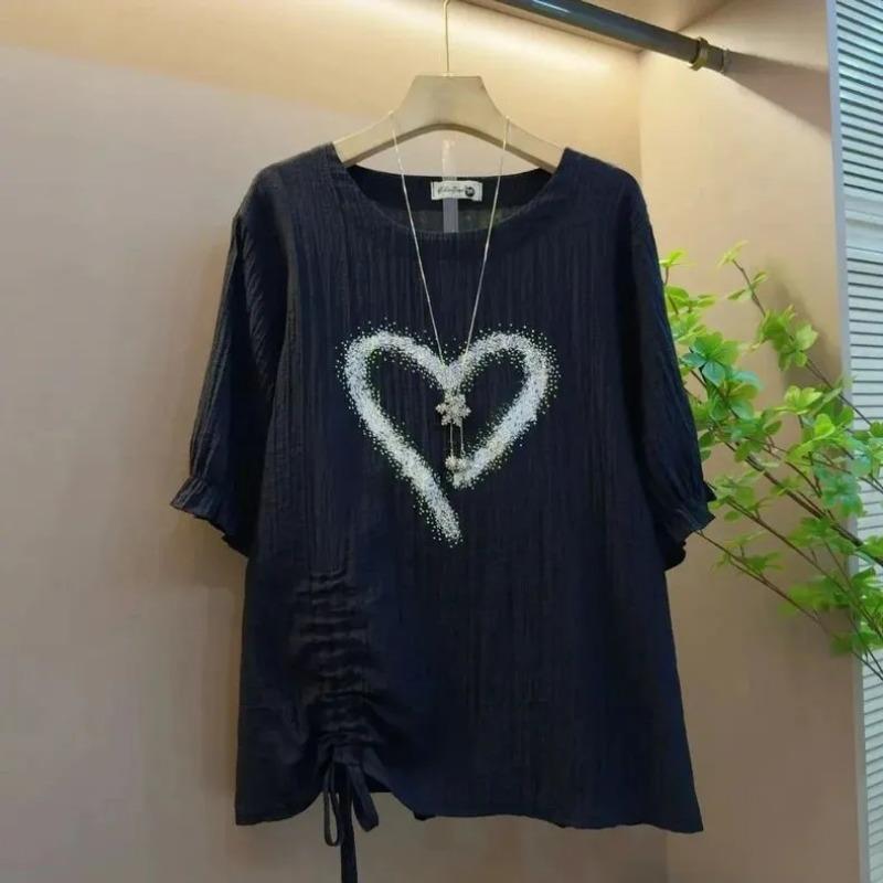 Summer Women's Blouse Heart Rhinestone Crew Neck 3/4 Ruffle Sleeve Ruched Side Loose Fit Tops