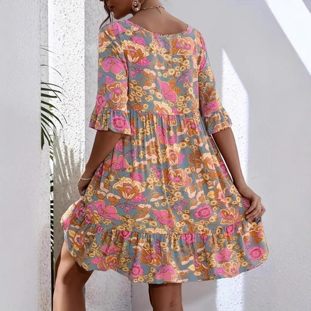 New Summer Boho Dress for Women, V Neck Floral Print Casual Beach Dress, European American Style