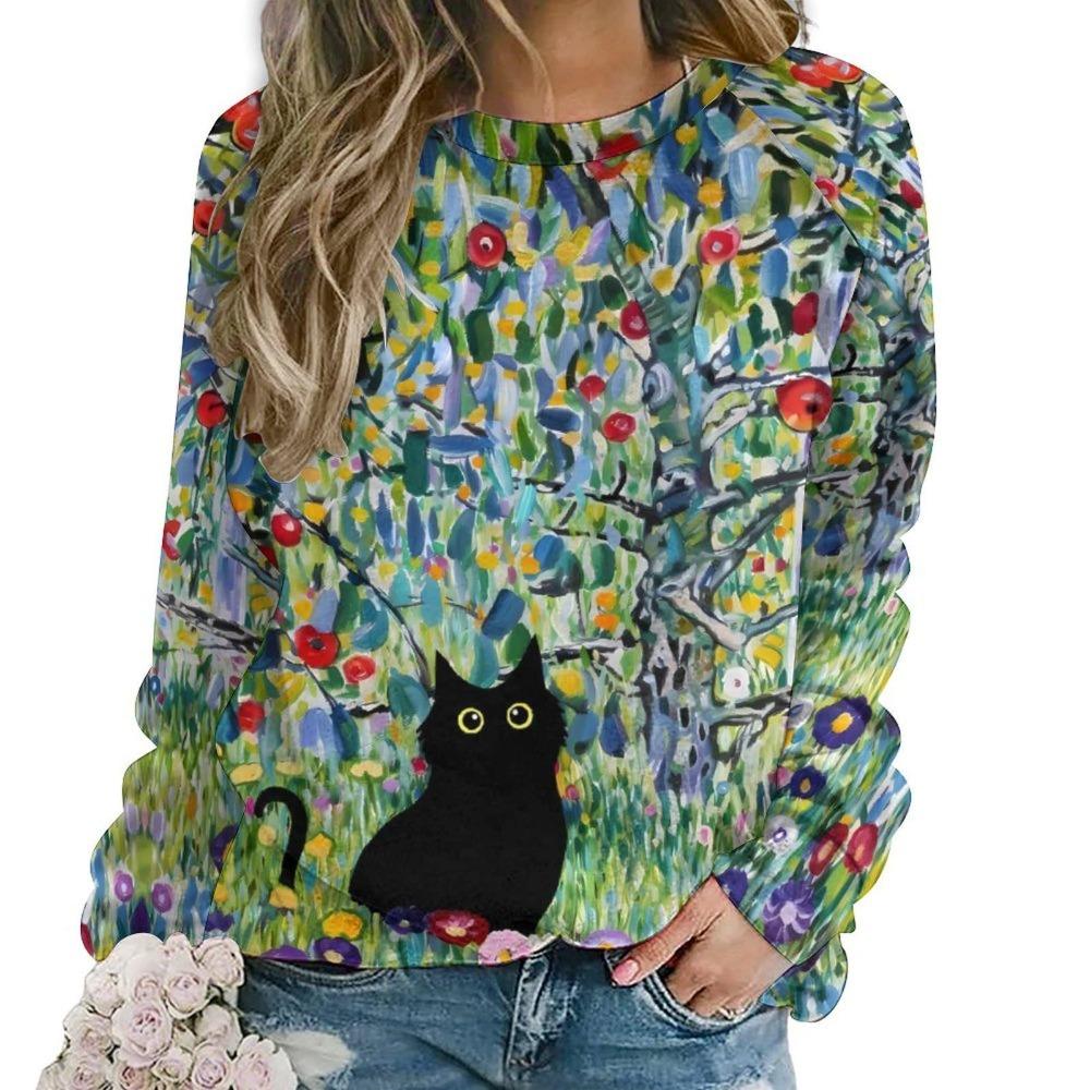 Cute Cat Floral Sweatshirts Flower 3D Print Women New O-Neck Hoodies Casual Streetwear Y2k Pullovers Harajuku Top Woman Clothing